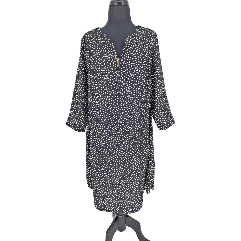 Lane Bryant Black Polka Dot Shirt Dress Size 16 Front 1/2 Zip Zipper Cuff Sleeve